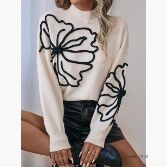 Floral Mock Neck Long Sleeve Pullover Sweater Knit Top Drop Shoulder - Picture 6 of 6